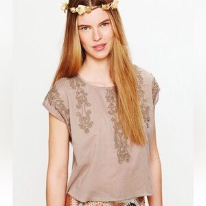 Free People Quills Embroidered Blouse in Taupe